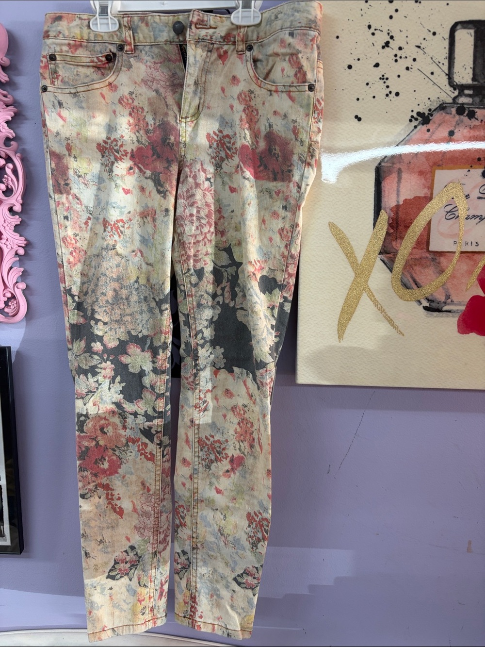 Free People Floral Skinny Jeans in Pink, Cream & Black
